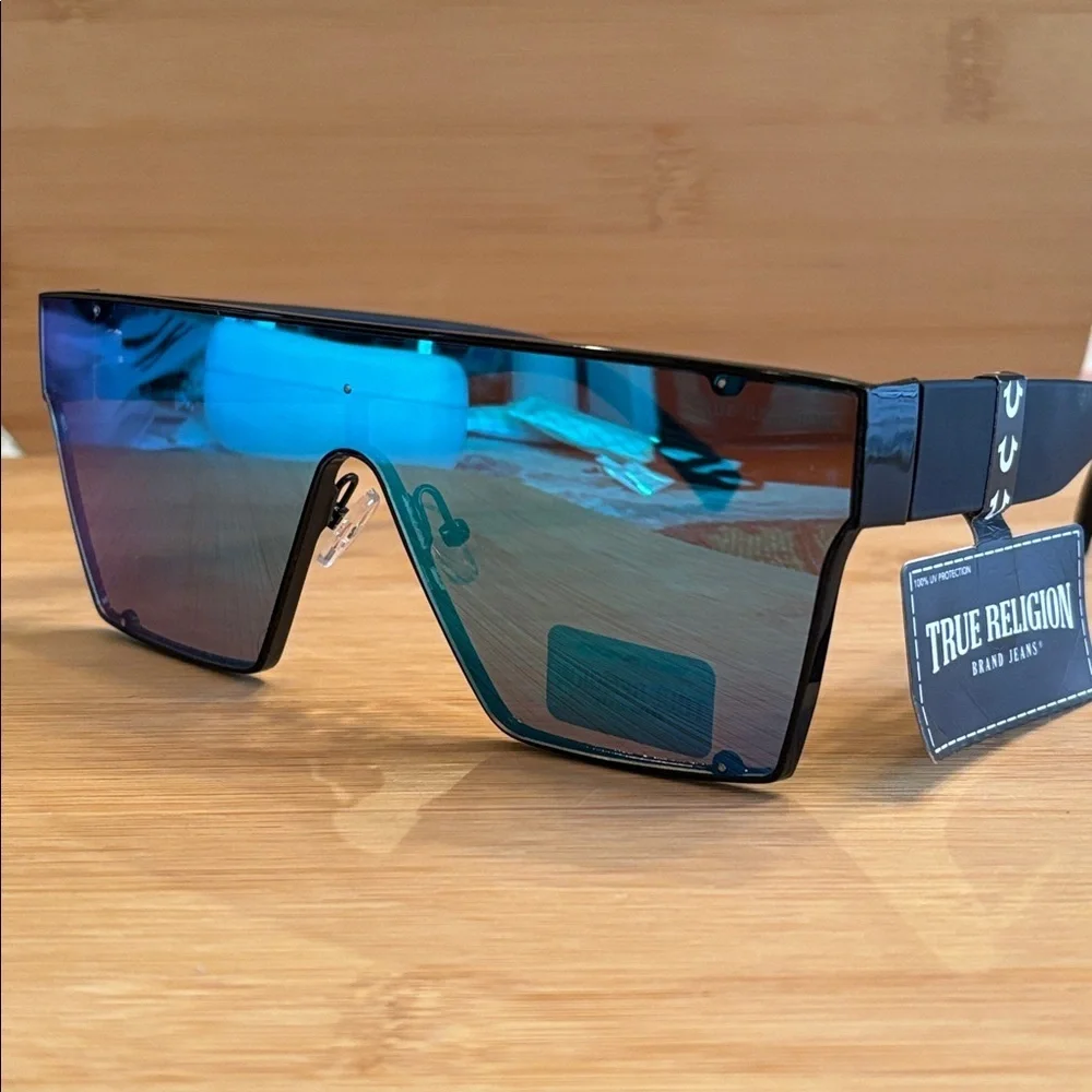 Brand New True Religion Black Shield Mirrored Aviator Sunglasses Flat Top Square